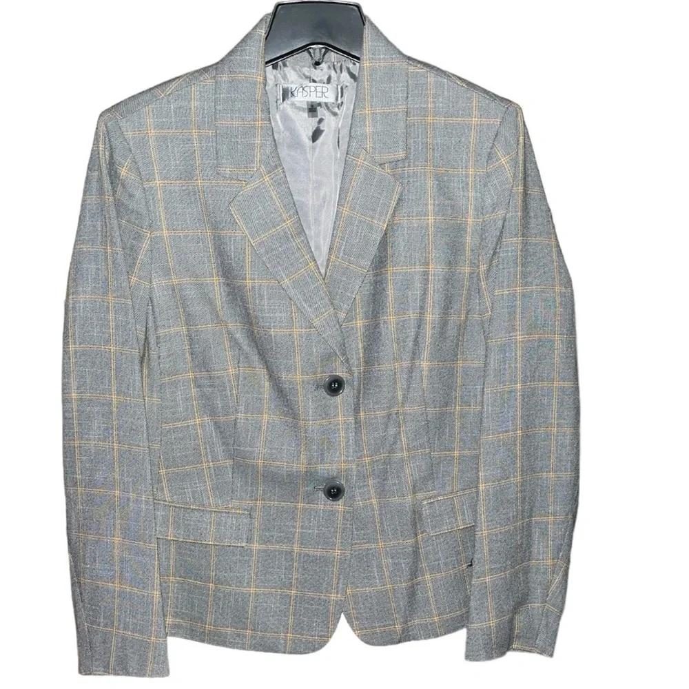 KASPER Plaid Notch Lapel Long Sleeve Flap Pocket Coordinating Two Button Jacket